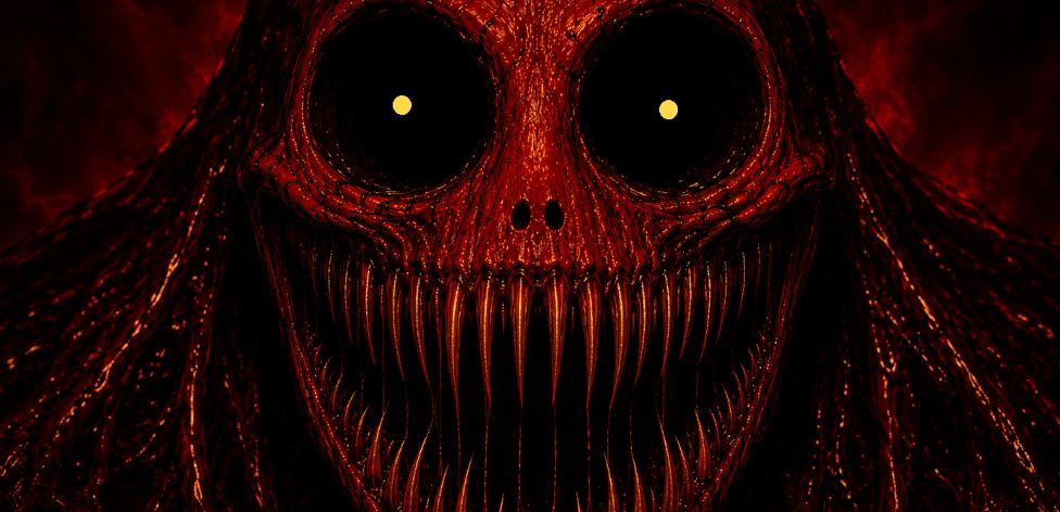 A red creature grins from the darkness